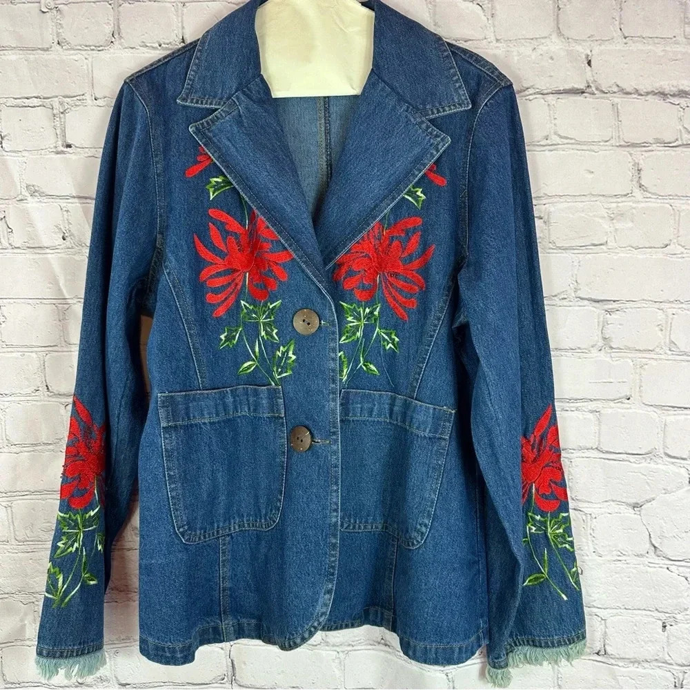 new direction denim jean jacket embroidered floral boho western cottage sz large